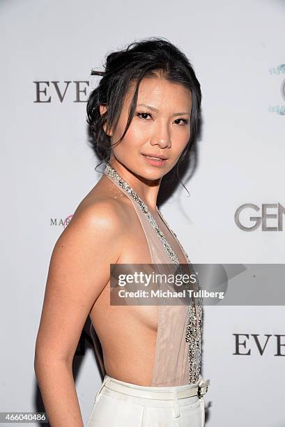 Actress Gwendoline Yeo attends the Cover Girl Elizabeth Hurley & Genlux Magazine Issue Release Party at Eve by Eves on March 12, 2015 in Beverly...