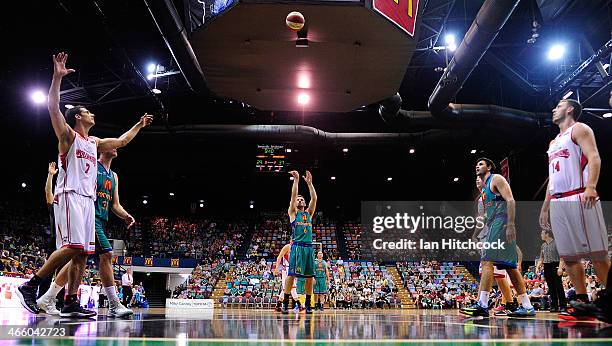 Mitch Norton of the Crocodiles attempts a free throw shot during the round 16 NBL match between the Townsville Crocodiles and the Wollongong Hawks at...