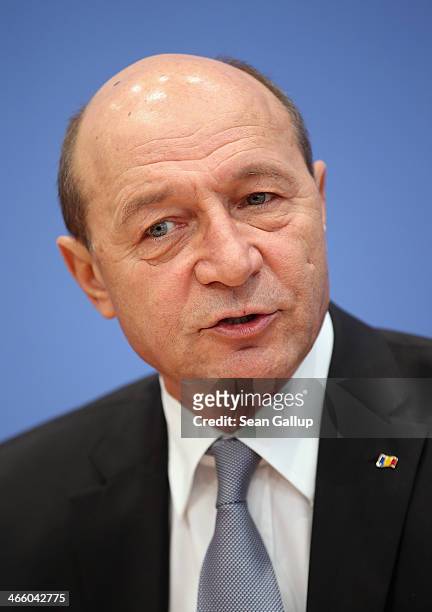 Romanian President Traian Basescu speaks to the media at a press conference on January 31, 2014 in Berlin, Germany. Basescu is in Germany to take...