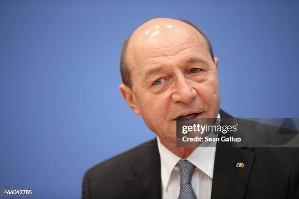 Romanian President Traian Basescu speaks to the media at a press conference on January 31, 2014 in Berlin, Germany. Basescu is in Germany to take...