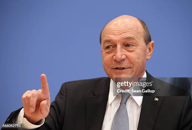 Romanian President Traian Basescu speaks to the media at a press conference on January 31, 2014 in Berlin, Germany. Basescu is in Germany to take...