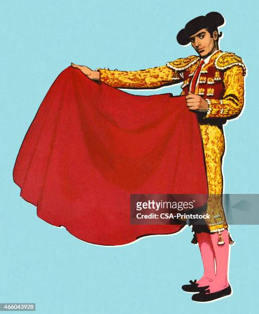 torero hält ein red cape - bullfight stock-grafiken, -clipart, -cartoons und -symbole