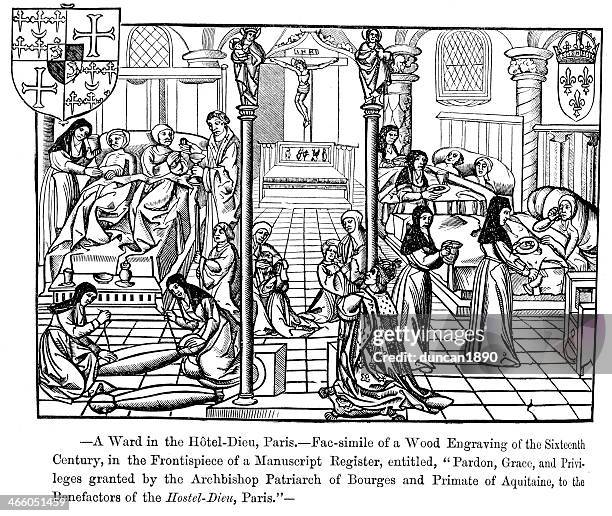 ilustrações, clipart, desenhos animados e ícones de hospital ward-hotel-dieu, paris - 16th century style