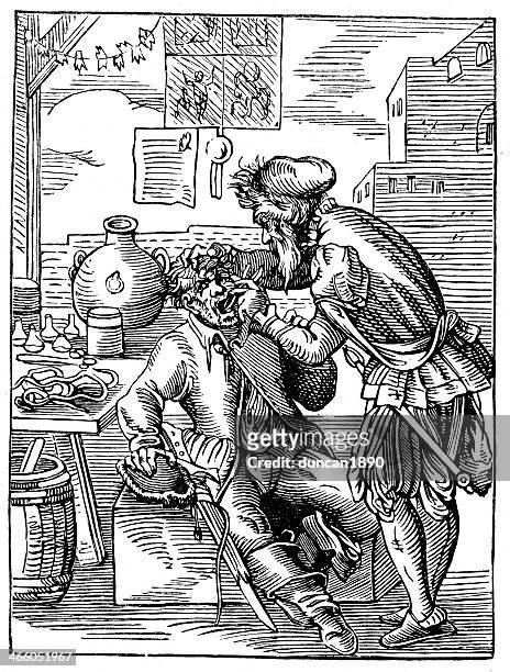stockillustraties, clipart, cartoons en iconen met medieval dentist - toothache