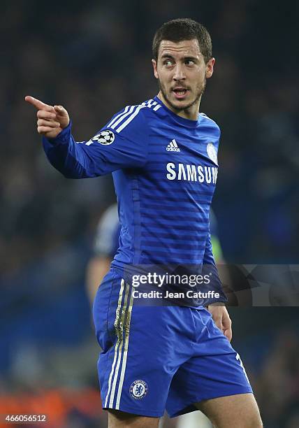 Eden Hazard of Chelsea reacts during the UEFA Champions League Round of 16, second leg match between Chelsea FC and Paris Saint-Germain FC at...