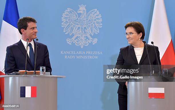 Prime Minister, Ewa Kopacz, meets the Prime Minister of France, Manuel Vallas, on March 12, 2015 at The Chancellery Building in Warsaw, Poland. The...