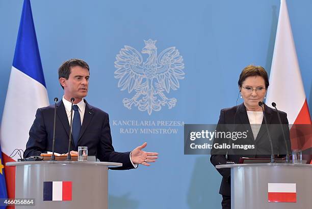 Prime Minister, Ewa Kopacz, meets the Prime Minister of France, Manuel Vallas, on March 12, 2015 at The Chancellery Building in Warsaw, Poland. The...