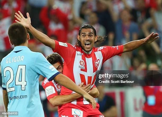 David Williams of the Heart celebrates after scoring the winning goal during the round 17 A-League match between Melbourne Heart and Sydney FC at...