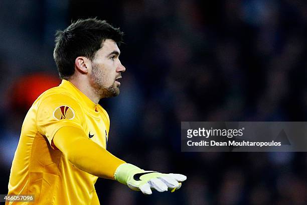 Goalkeeper, Maty Ryan of Club Brugge signals to a team mate during the UEFA Europa League Round of 16 1st leg match between Club Brugge KV and...