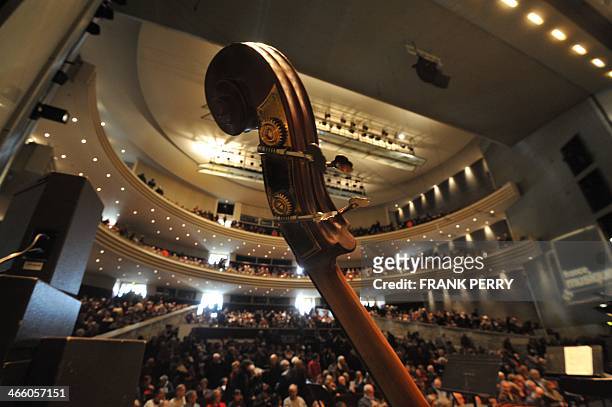 The peg box of a double bass is pictured prior a concert of the Ural Philharmonic Orchestra at the 20th edition of the music festival "La Folle...