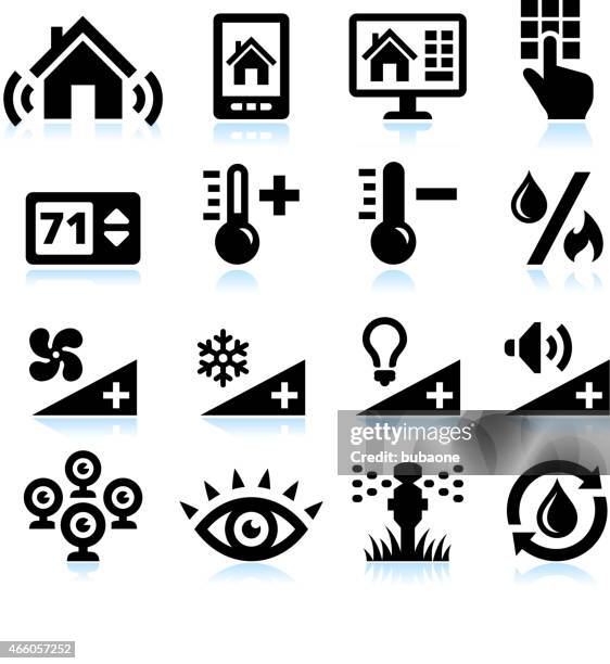 home automation security and temperature interface icons on white background - home security camera stock illustrations