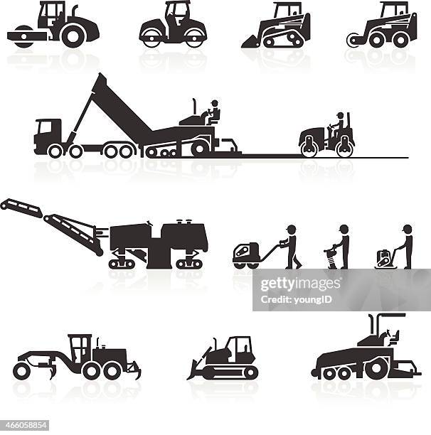 stockillustraties, clipart, cartoons en iconen met construction surfacing and paving machinery icons - asfalt