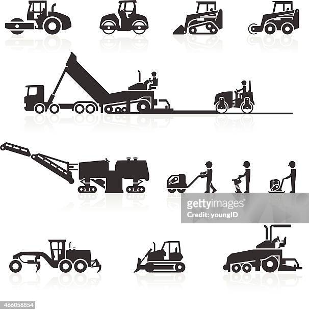 construction surfacing and paving machinery icons - manufacturing equipment stock illustrations