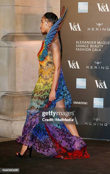 Twigs arrives at the Alexander McQueen: Savage Beauty Fashion Gala at the V&A, presented by American Express and Kering, on March 12, 2015 in London,...