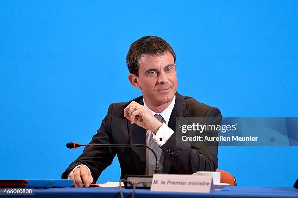 French Prime Minister Manuel Valls visits the prefecture of Aisne on March 13, 2015 in Laon, France. The purpose of the visit is to discuss and...