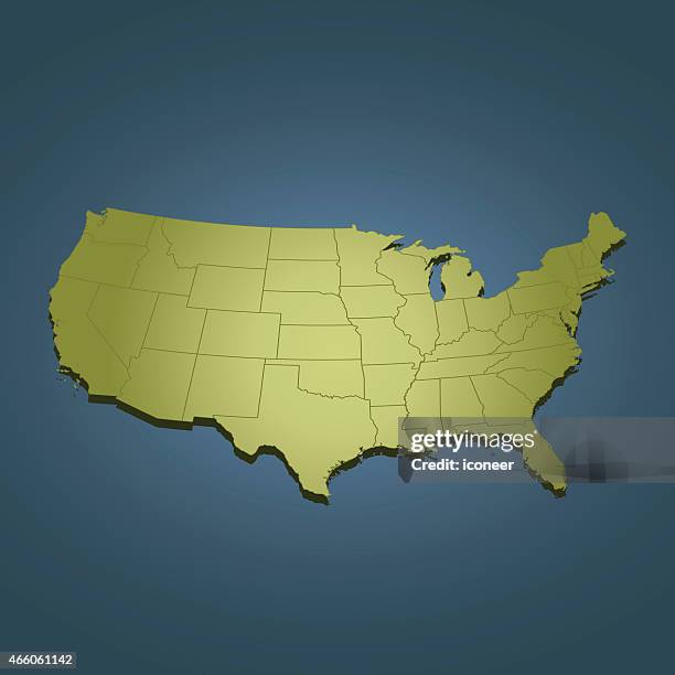 stockillustraties, clipart, cartoons en iconen met usa green travel map on dark background in perspective view - sterk perspectief