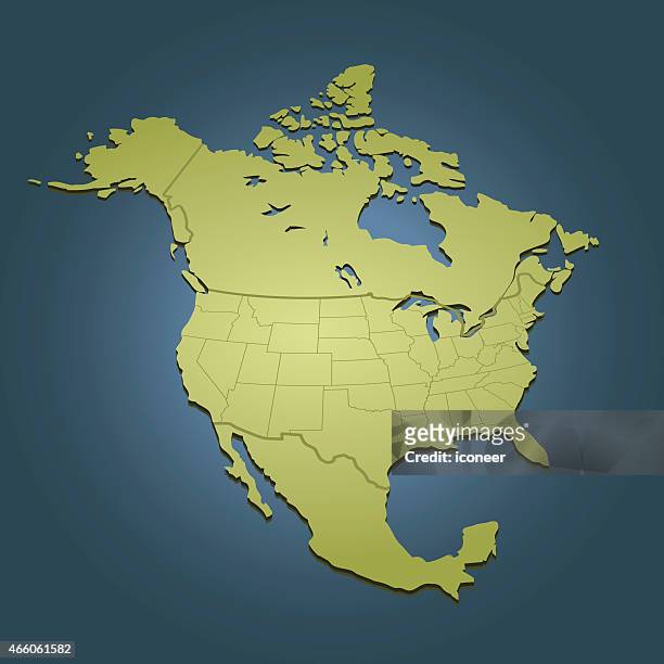 nordamerika grüne karte auf dunklem hintergrund in perspektive auf - map canada stock-grafiken, -clipart, -cartoons und -symbole