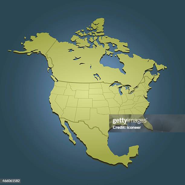 ilustrações, clipart, desenhos animados e ícones de mapa da américa do norte em fundo verde escuro vista em perspectiva - north america