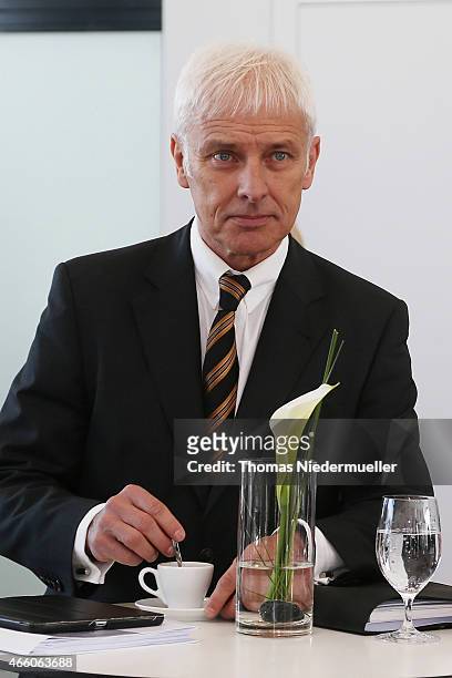 Matthias Mueller, CEO of Porsche AG attends the Porsche AG annual press conference on March 13, 2015 in Stuttgart, Germany. The conference focused on...