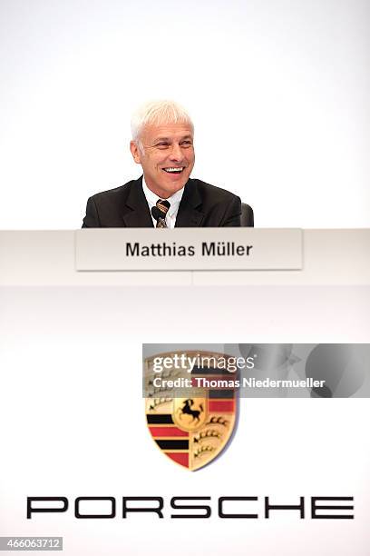 Matthias Mueller, CEO of Porsche AG attends the Porsche AG annual press conference on March 13, 2015 in Stuttgart, Germany. The conference focused on...