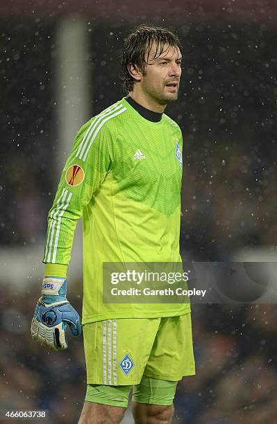 Oleksandr Shovkovskyi of FC Dynamo Kyiv during the UEFA Europa League Round of 16 match between Everton FC and FC Dynamo Kyiv on March 12, 2015 in...