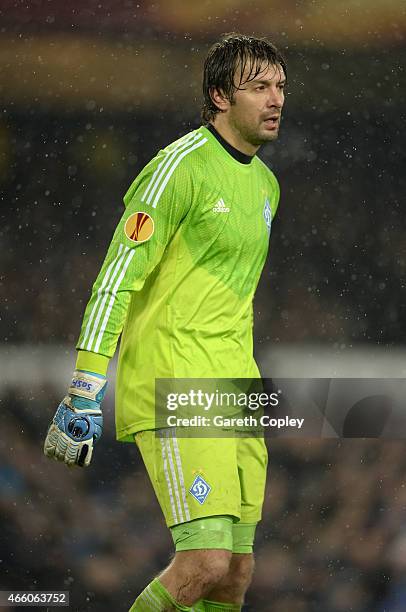 Oleksandr Shovkovskyi of FC Dynamo Kyiv during the UEFA Europa League Round of 16 match between Everton FC and FC Dynamo Kyiv on March 12, 2015 in...