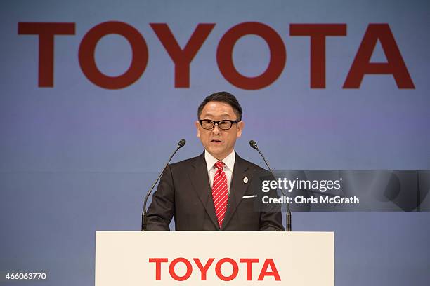 President and CEO of Toyota Motor Corporation, Akio Toyoda speaks to the media during a news conference at the Imperial Hotel on March 13, 2015 in...