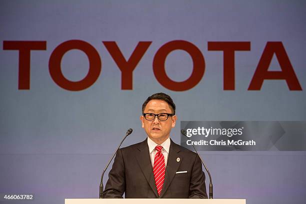 President and CEO of Toyota Motor Corporation, Akio Toyoda speaks to the media during a news conference at the Imperial Hotel on March 13, 2015 in...
