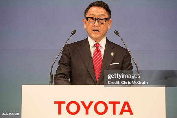 President and CEO of Toyota Motor Corporation, Akio Toyoda speaks to the media during a news conference at the Imperial Hotel on March 13, 2015 in...