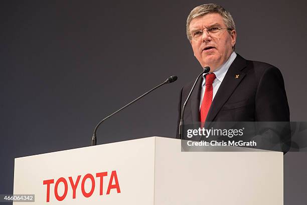 President of the International Olympic Committee Thomas Bach speaks to the media during a news conference at the Imperial Hotel on March 13, 2015 in...