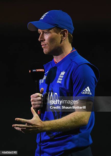 England captain Eoin Morgan talks to the media after the 2015 Cricket World Cup match between England and Afghanistan at Sydney Cricket Ground on...