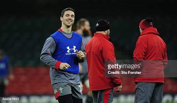 Wales player George North raises a smile during the Wales captains run ahead of saturday's six nations game against Italy, at Millennium Stadium on...