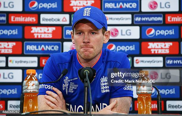 Eoin Morgan of England talks to the media after the 2015 Cricket World Cup match between England and Afghanistan at Sydney Cricket Ground on March...