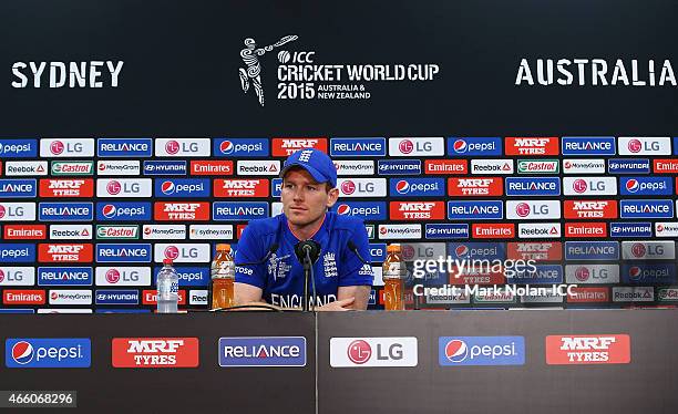 Eoin Morgan of England talks to the media after the 2015 Cricket World Cup match between England and Afghanistan at Sydney Cricket Ground on March...