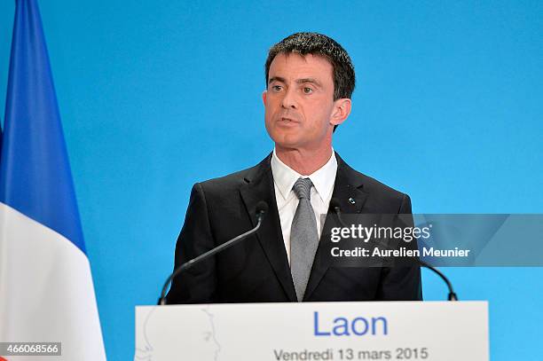 French Prime Minister Manuel Valls visits the prefecture of Aisne on March 13, 2015 in Laon, France. The purpose of the visit is to promote and...