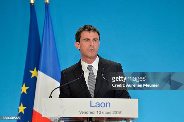 French Prime Minister Manuel Valls visits the prefecture of Aisne on March 13, 2015 in Laon, France. The purpose of the visit is to promote and...