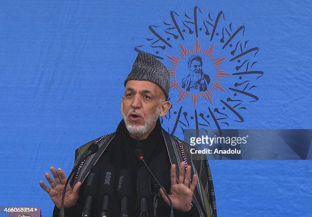 Former Afghan President Hamid Karzai speaks during a Hazara gathering in Kabul, Afghanistan on March 13, 2015. Hundreds of ethnic Hazaras attend a...