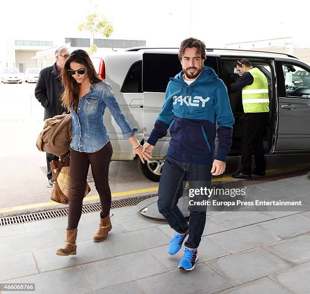 Fernando Alonso and Lara Alvarez are seen arriving in Oviedo from Barcelona hospital on February 25, 2015 in Oviedo, Spa