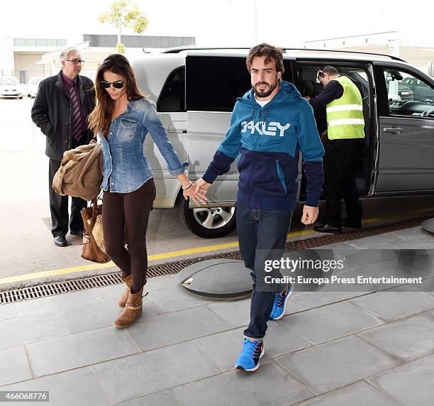 Fernando Alonso and Lara Alvarez are seen arriving in Oviedo from Barcelona hospital on February 25, 2015 in Oviedo, Spa