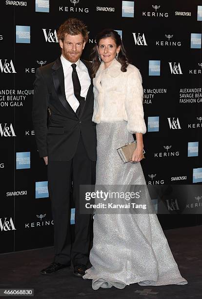 Tom Aikens and Justine Dobbs Higginson attend a private view for the "Alexander McQueen: Savage Beauty" exhibition at Victoria & Albert Museum on...