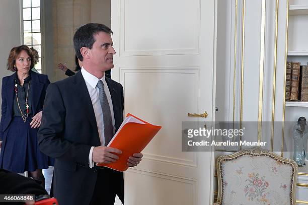 French Prime Minister Manuel Valls visits the prefecture of Aisne on March 13, 2015 in Laon, France. The purpose of the visit is to promote and...