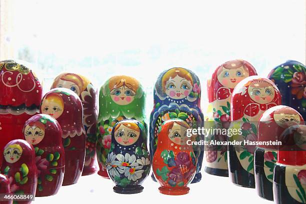 General view of traditional Russian souvenirs 'matryoshka doll`pictured in a souvenir store in the Rosa Khutor Mountain Cluster village ahead of the...