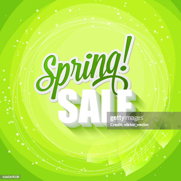green text art of spring sale on a leafy green background - springtime stock illustrations