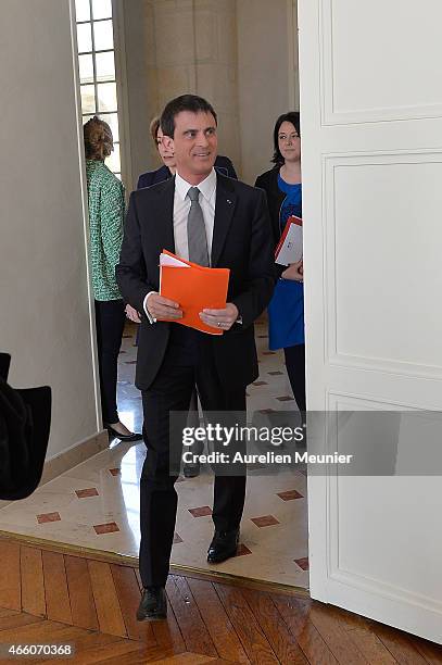 French Prime Minister Manuel Valls visits the prefecture of Aisne on March 13, 2015 in Laon, France. The purpose of the visit is to promote and...