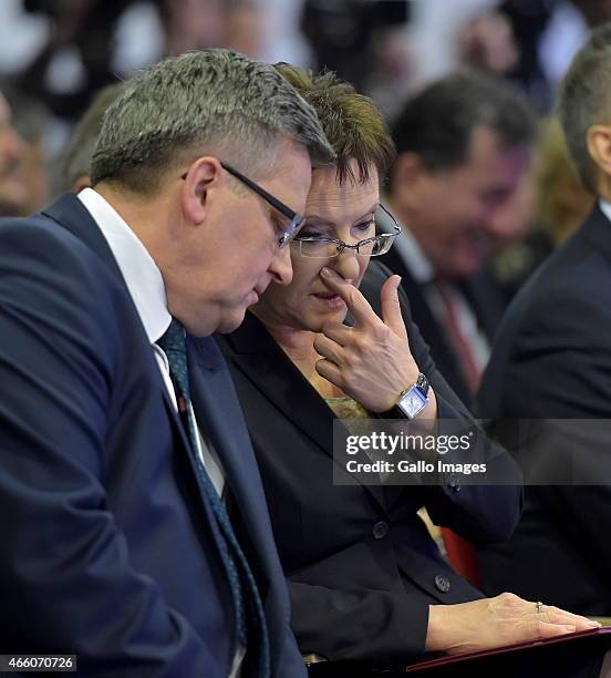 President Bronislaw Komorowski and Prime Minister Ewa Kopacz meet Generals from the Polish Army on March 11, 2015 in Warsaw, Poland. The meeting was...