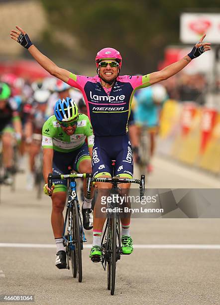 Davide Cimolai of Italy and Lampre-Merida celebrates winning stage five of the Paris - Nice cycling race between Saint-Etienne and Rasteau on March...