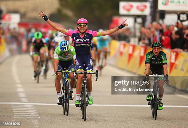 Davide Cimolai of Italy and Lampre-Merida celebrates winning stage five of the Paris - Nice cycling race between Saint-Etienne and Rasteau on March...