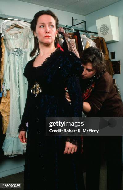 Portrait of American mezzo-soprano Frederica Von Stade backstage at Carnegie Hall as she is dressed for her role as Idamante in a performance of...