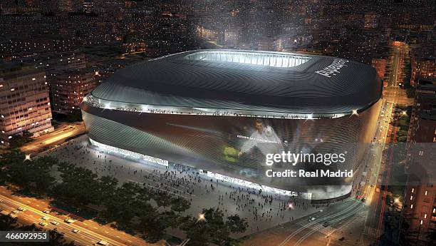 In this computer-generated artists impression provided by Real Madrid, the winning international tender for the new Benabeu Stadium is shown during...