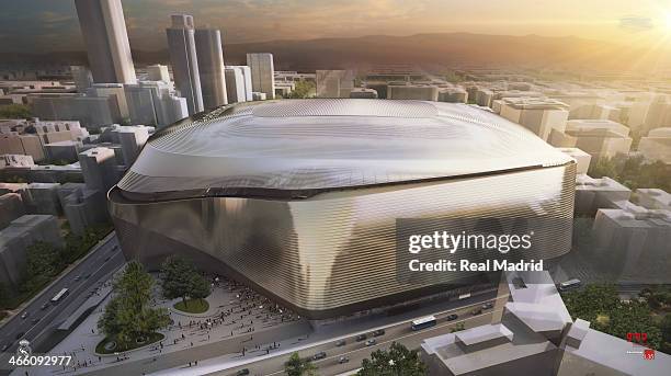 In this computer-generated artists impression provided by Real Madrid, the winning international tender for the new Benabeu Stadium is shown during...